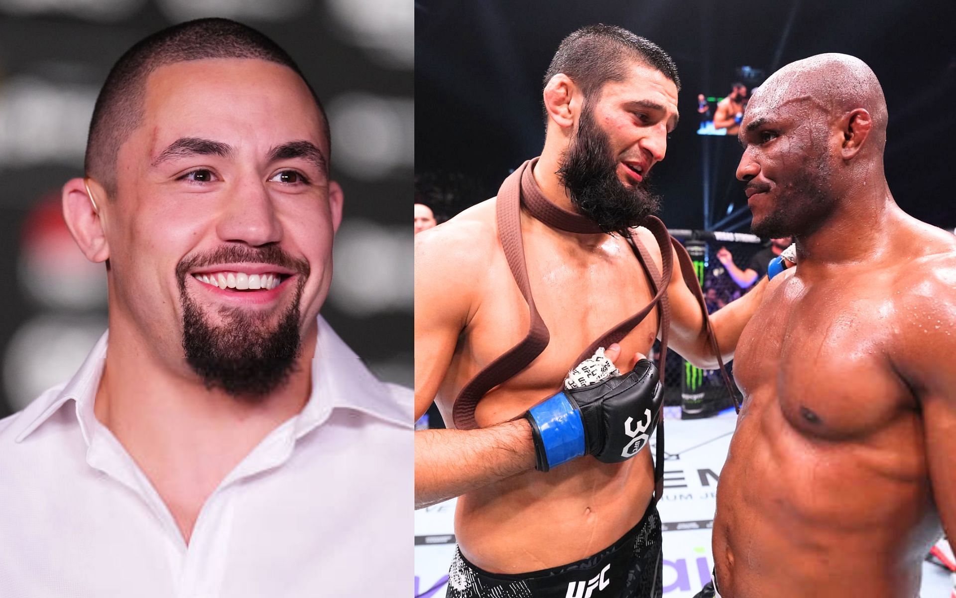 Robert Whittaker (left) and Khamzat Chimaev and Kamaru Usman at UFC 294(right) [Images Courtesy: @GettyImages]
