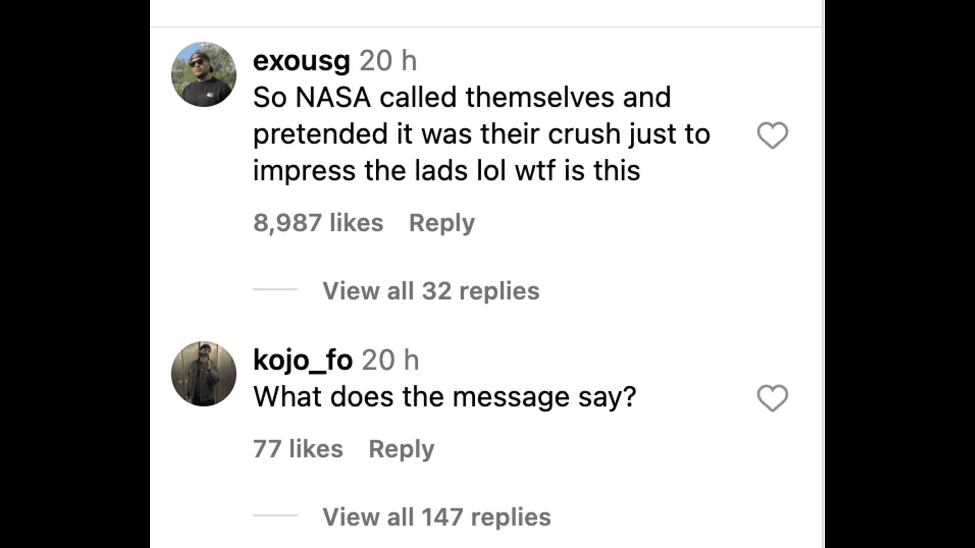 Social media users shared hilarious reactions as NASA revealed about the message travelling from 10,000 miles away in space. (Image via Instagram)