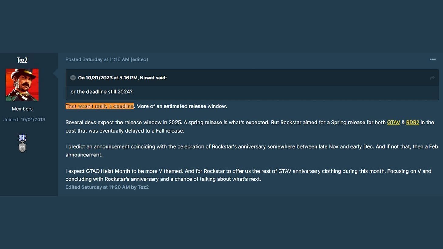 Tez2&#039;s most recent Grand Theft Auto 6 release window suggestion (Image via Tez2)