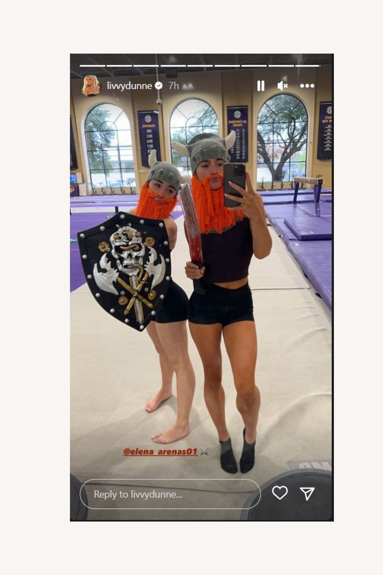 LSU gymnast Olivia Dunne with her teammate in Halloween outfit.