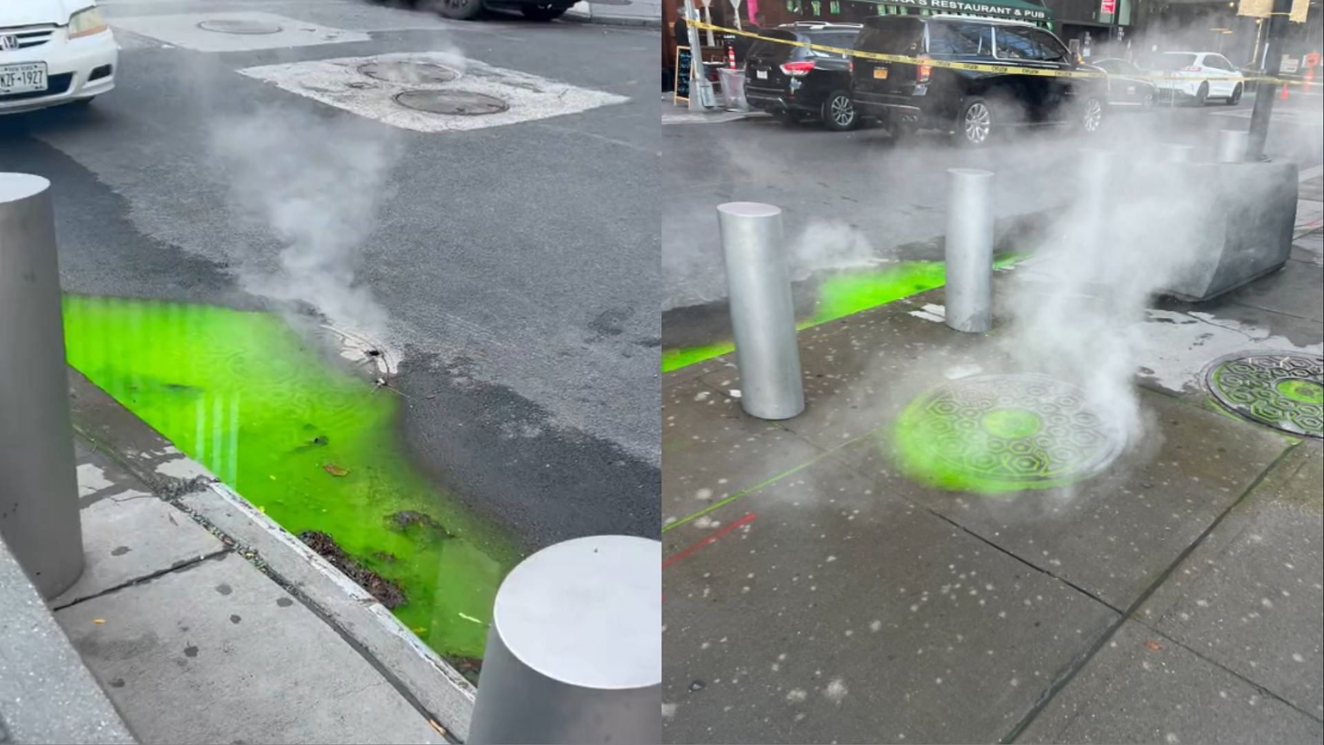 Green liquid bursting out of Manhattan manhole goes viral online (Image via danpantelo/X)