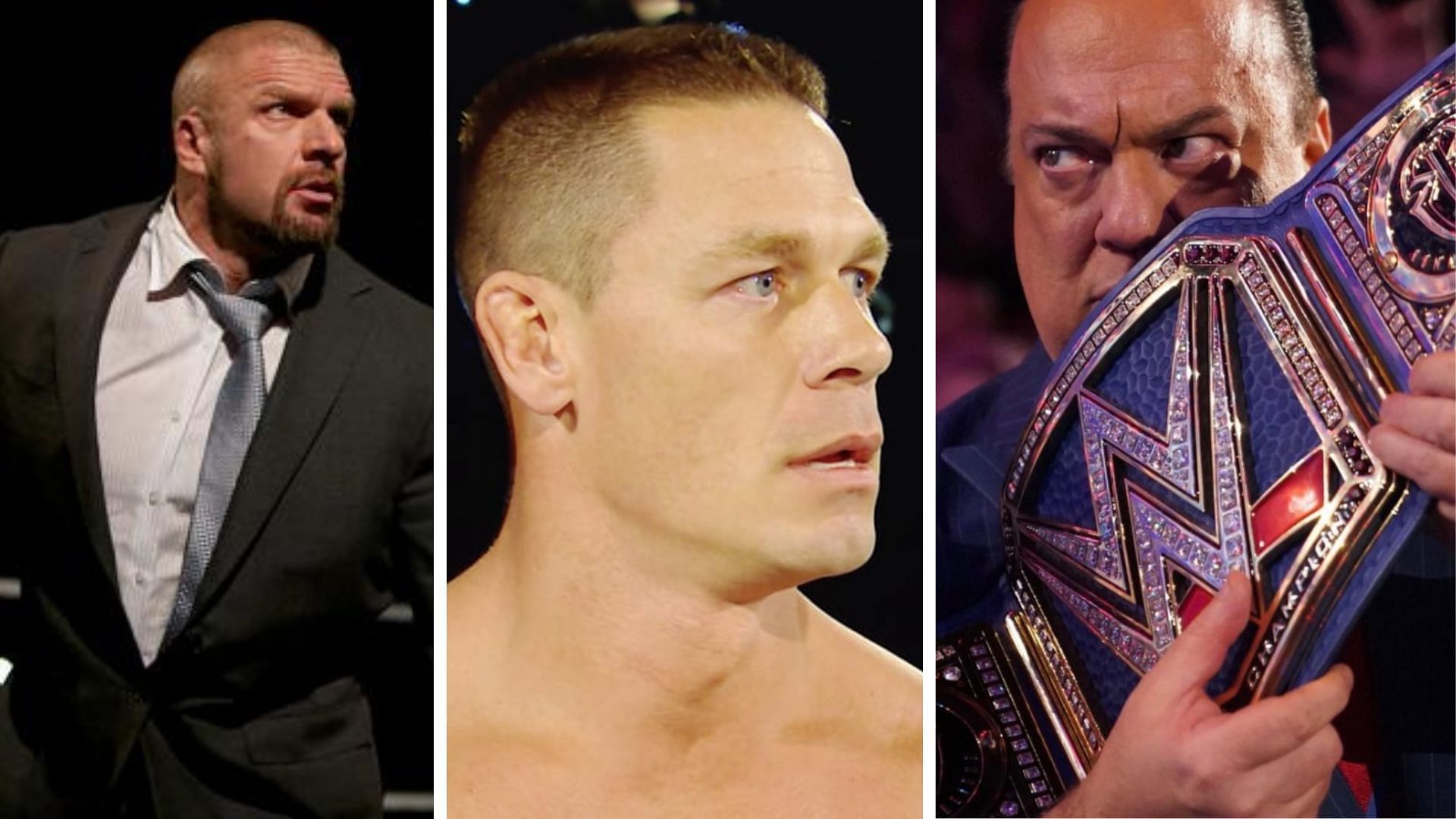 Triple H on the left, John Cena in the middle, Paul Heyman on the right