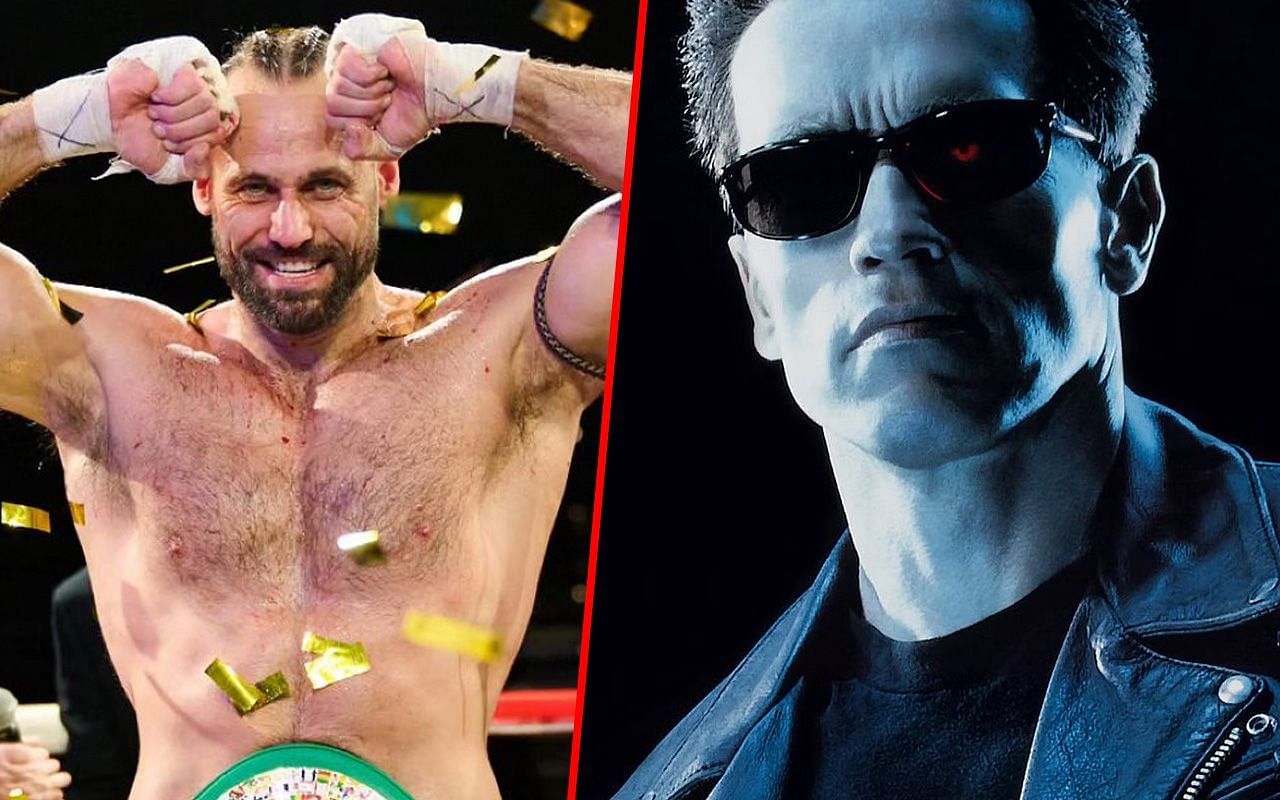 Alex Roberts (L) said movies of big action heroes like Arnold Schwarzenegger (R) inspired him to take up martial arts. 