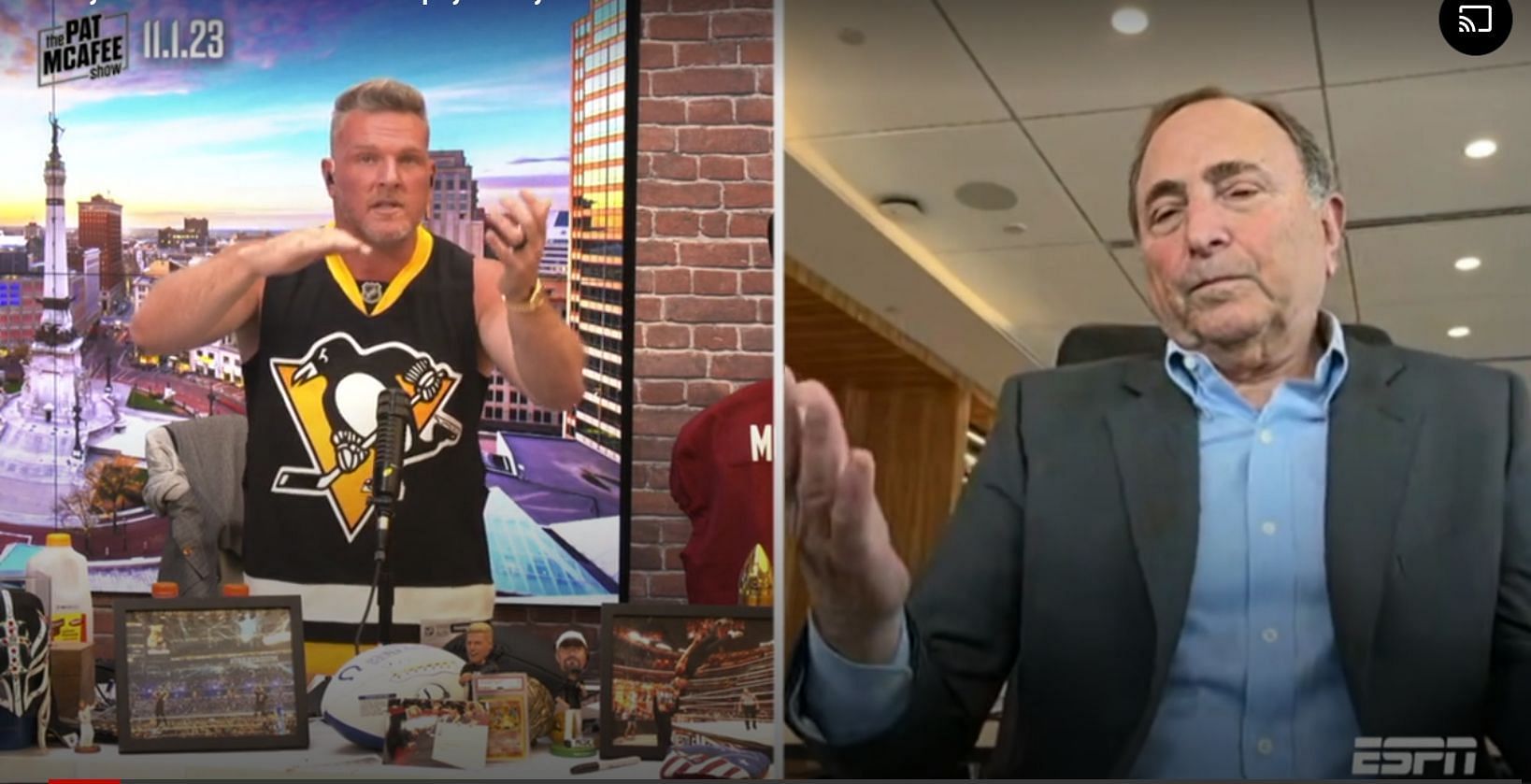 Pat McAfee interviews Gary Bettman on the importance of neck guards and their innovation