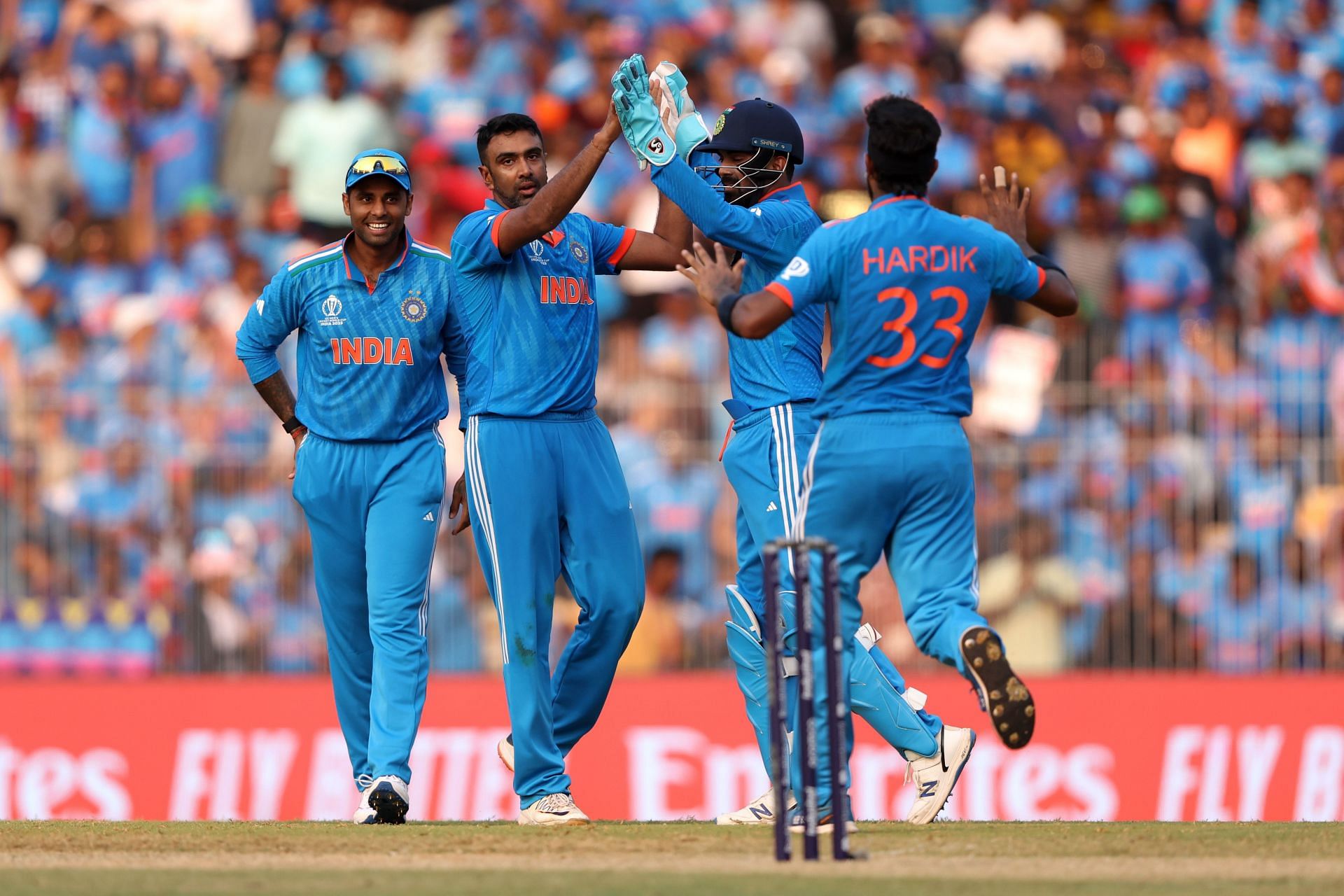 Ashwin celebrates, India v Australia - ICC Men&#039;s Cricket World Cup India 2023