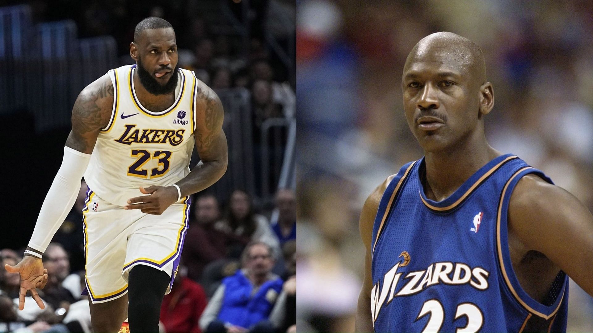 LeBron James with the LA Lakers (left) and Michael Jordan with the Washington Wizards