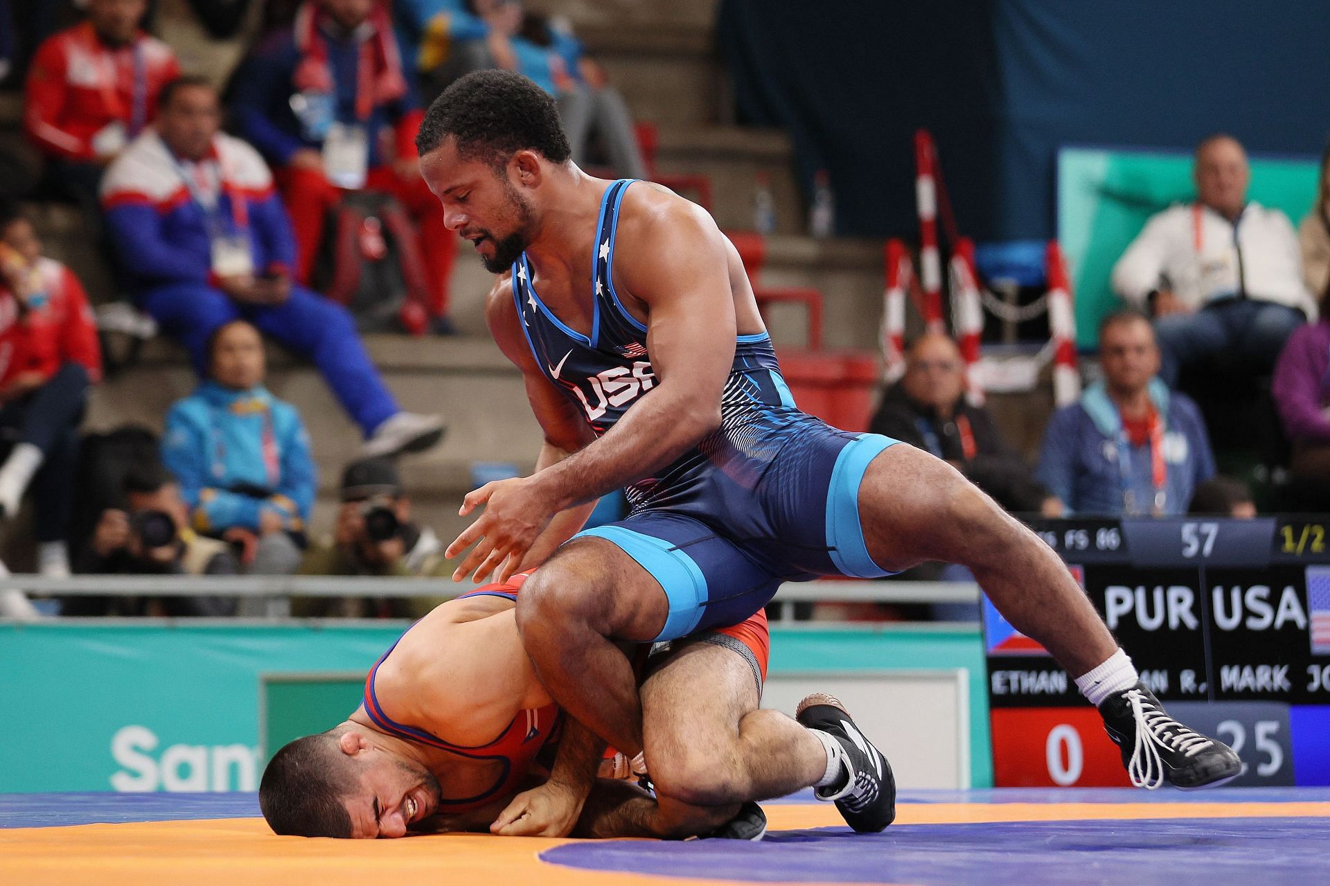 Mark Hall II and Ethan Adrian Ramos of Puerto Rico compete in Wrestling - Men&#039;s Freestyle 86kg at the 2023 Pan Am Games in Santiago, Chile.