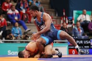 Mark Hall II and Ethan Adrian Ramos of Puerto Rico compete in Wrestling - Men's Freestyle 86kg at the 2023 Pan Am Games in Santiago, Chile.