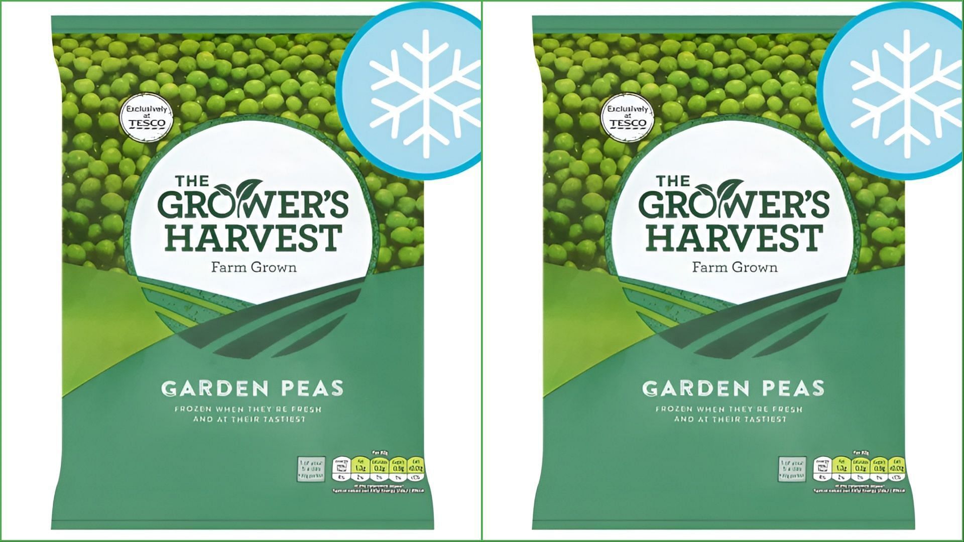 The recalled Growers Harvest Garden Peas were only available in 900-gram bags (Image via Tesco)