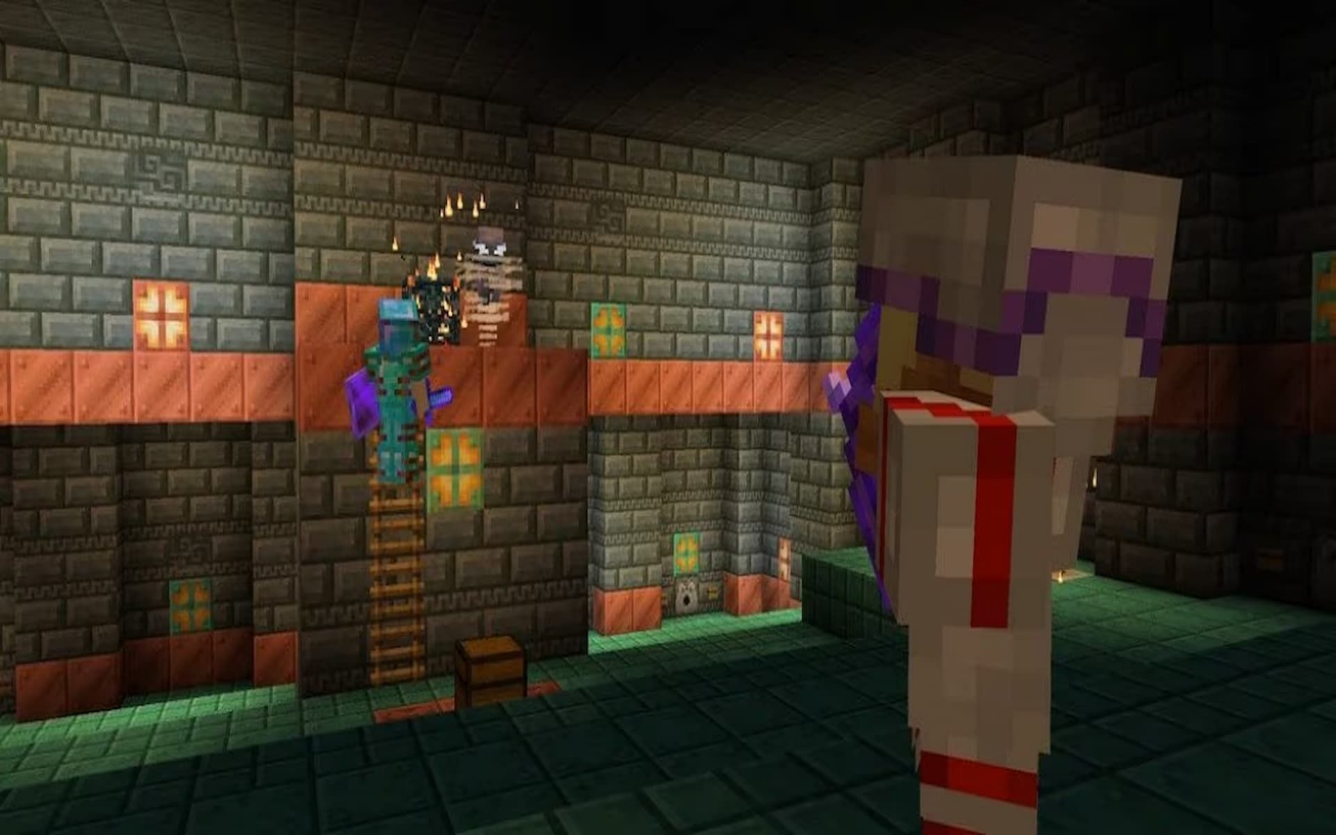 A Minecraft player shoots at the new Breeze mob in a Trial Chamber