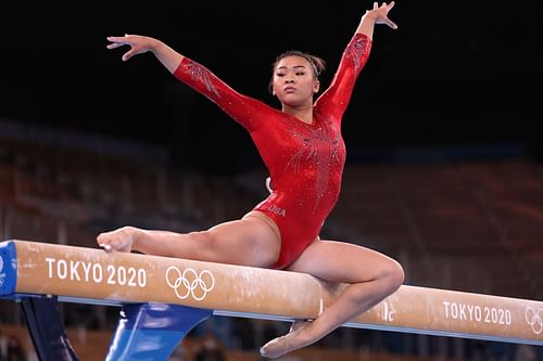 Sunisa Lee of Team United States competes during the Women's Balance Beam Final at the 2020 Olympic Games at Ariake Gymnastics Centre in Tokyo, Japan.