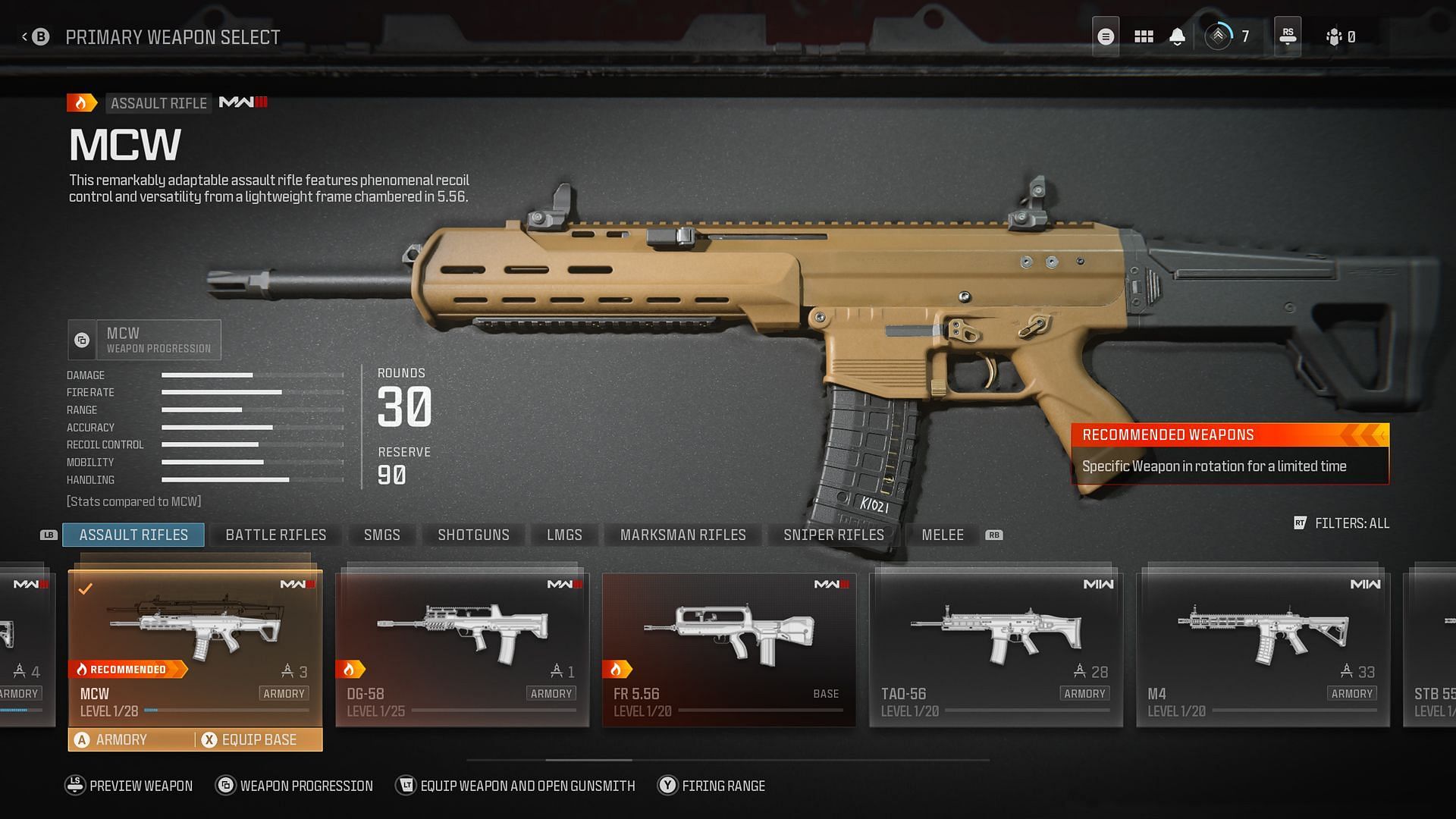 The MCW assault rifle in MW3 gunsmith (Image via Activision)