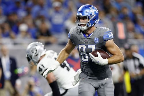 Sam LaPorta during Las Vegas Raiders v Detroit Lions