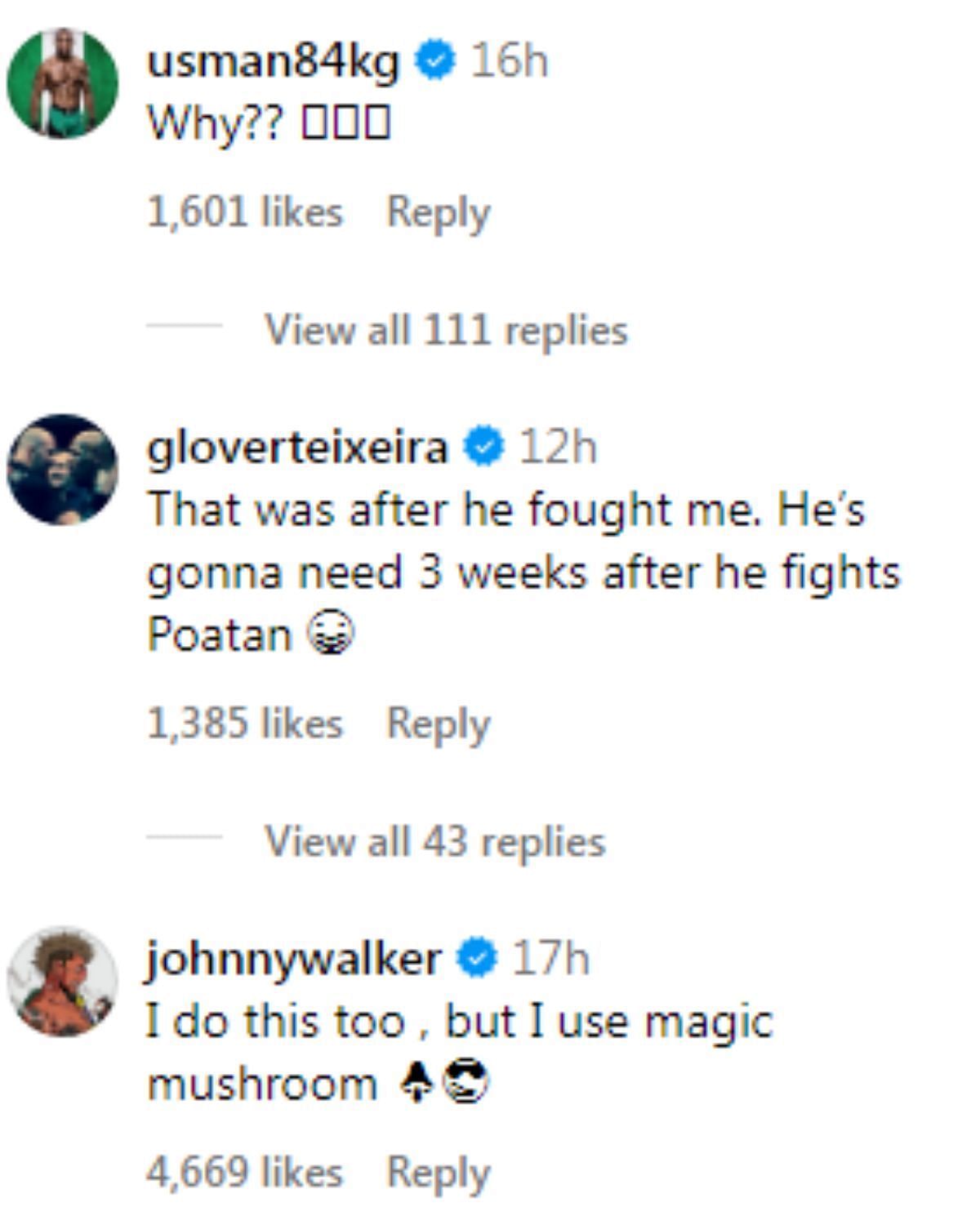 Comments on an Instagram post regarding Jiri Prochazka&#039;s training