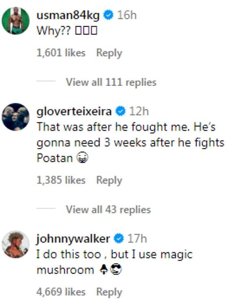 Comments on an Instagram post regarding Jiri Prochazka's training