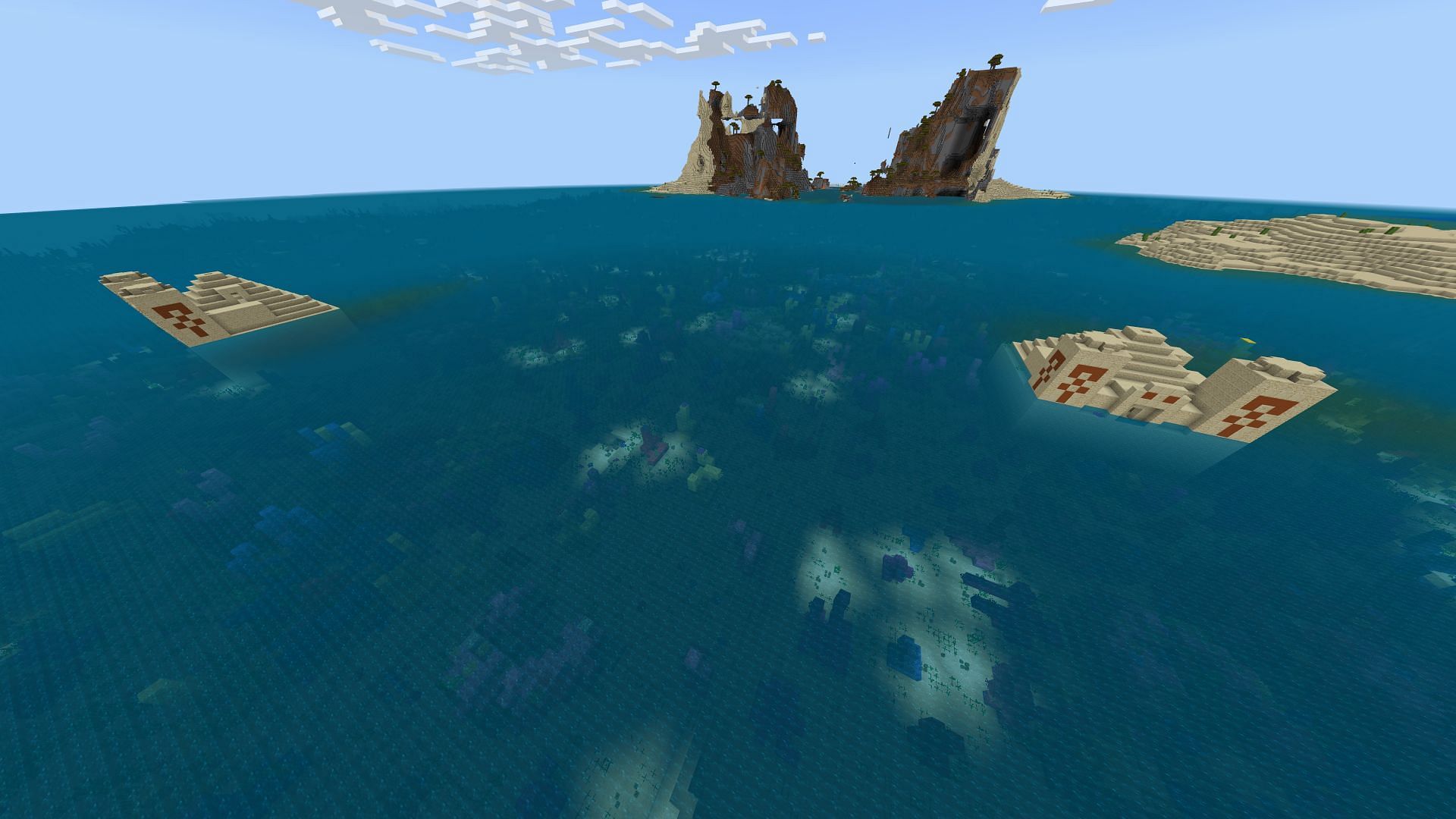 Two desert temples in Minecraft&#039;s oceans are quite a rare occurrence (Image via Fragrant_Result_186/Reddit)