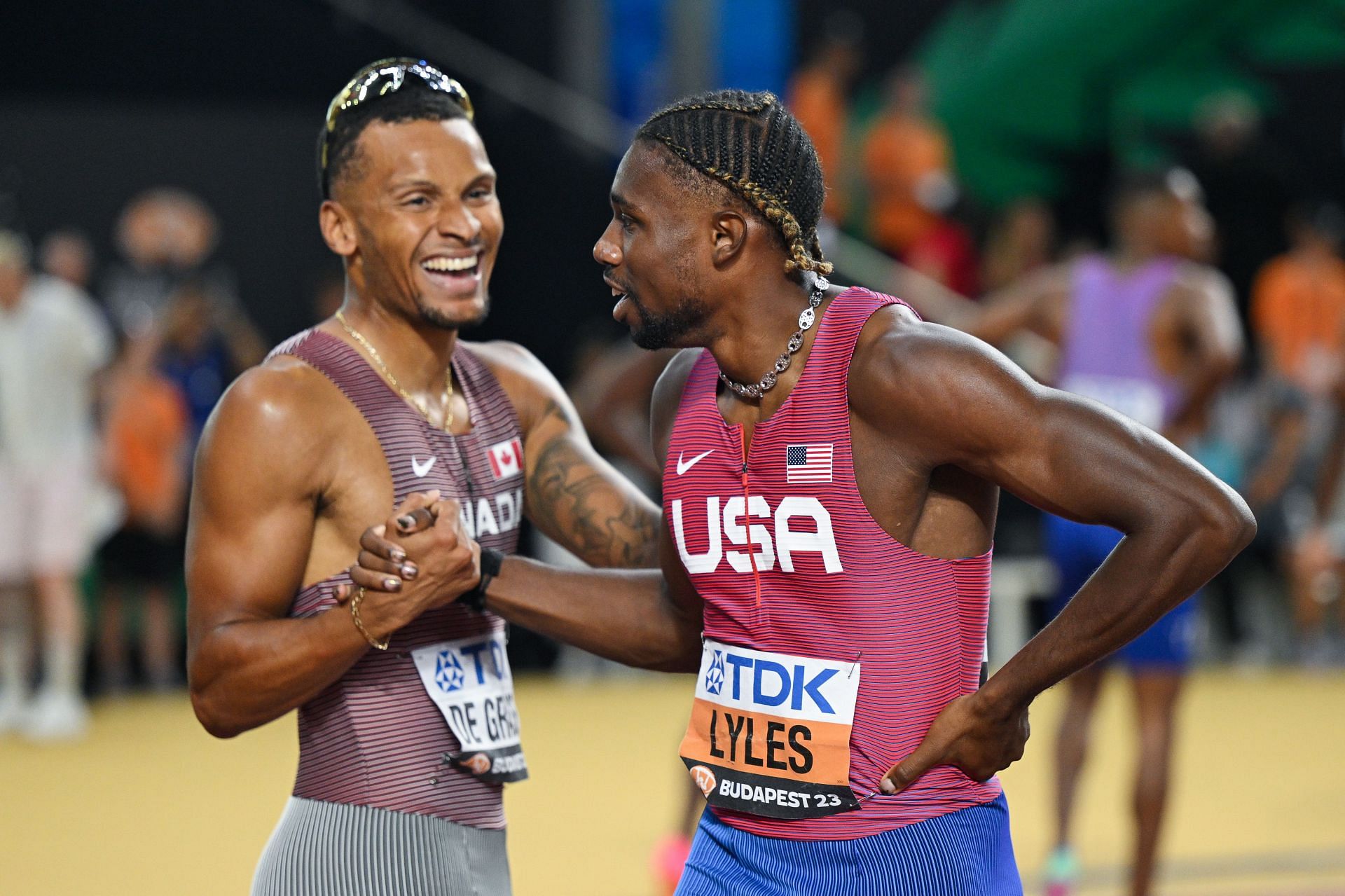 Noah Lyles and Andre De Grasse at Day 7 - World Athletics Championships Budapest 2023