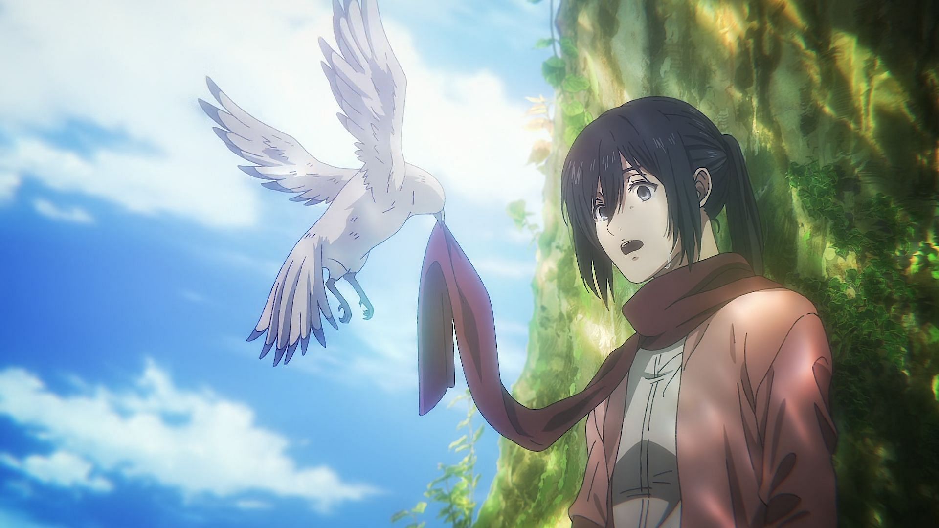 Mikasa with the bird in Attack on Titan (Image via Mappa)