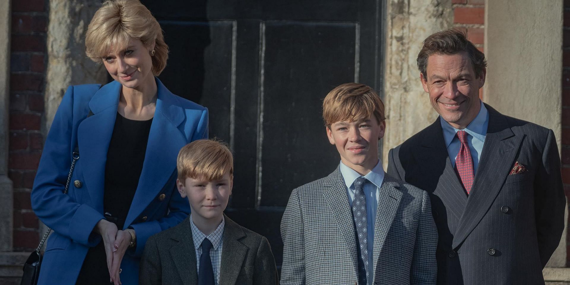 Dominic West, Senan West, Will Powell, and Elizabeth Debicki in No Woman&#039;s Land/The Crown (Image via Netflix)