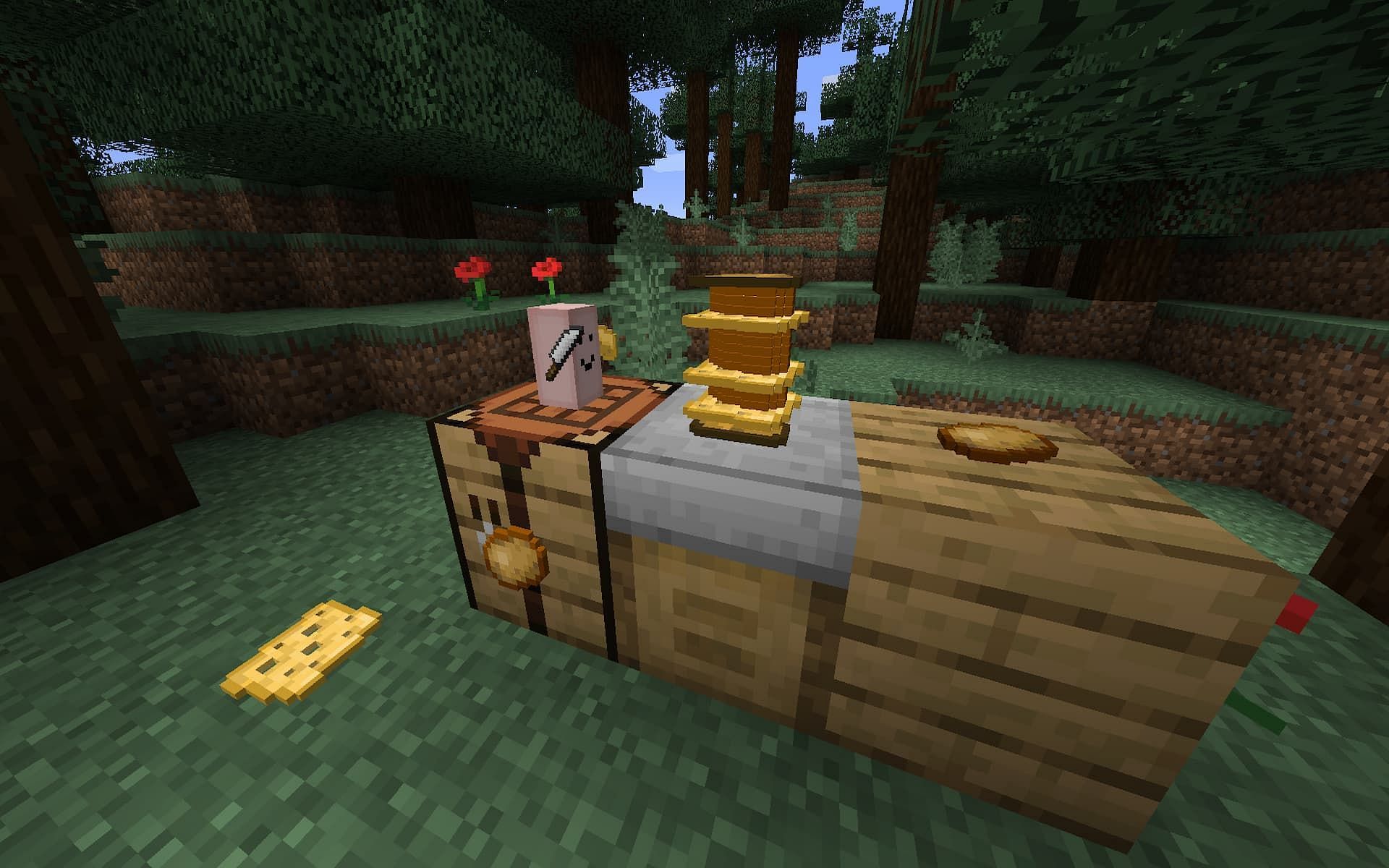A pink rectangle holds a knife to cut through food in a strange Minecraft Fabric mod