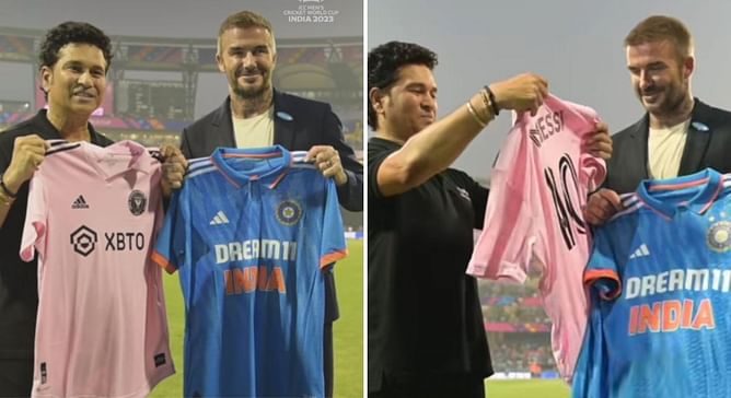 [Watch] Sachin Tendulkar and David Beckham swap India and Inter Miami jerseys during the 2023 World Cup semifinal