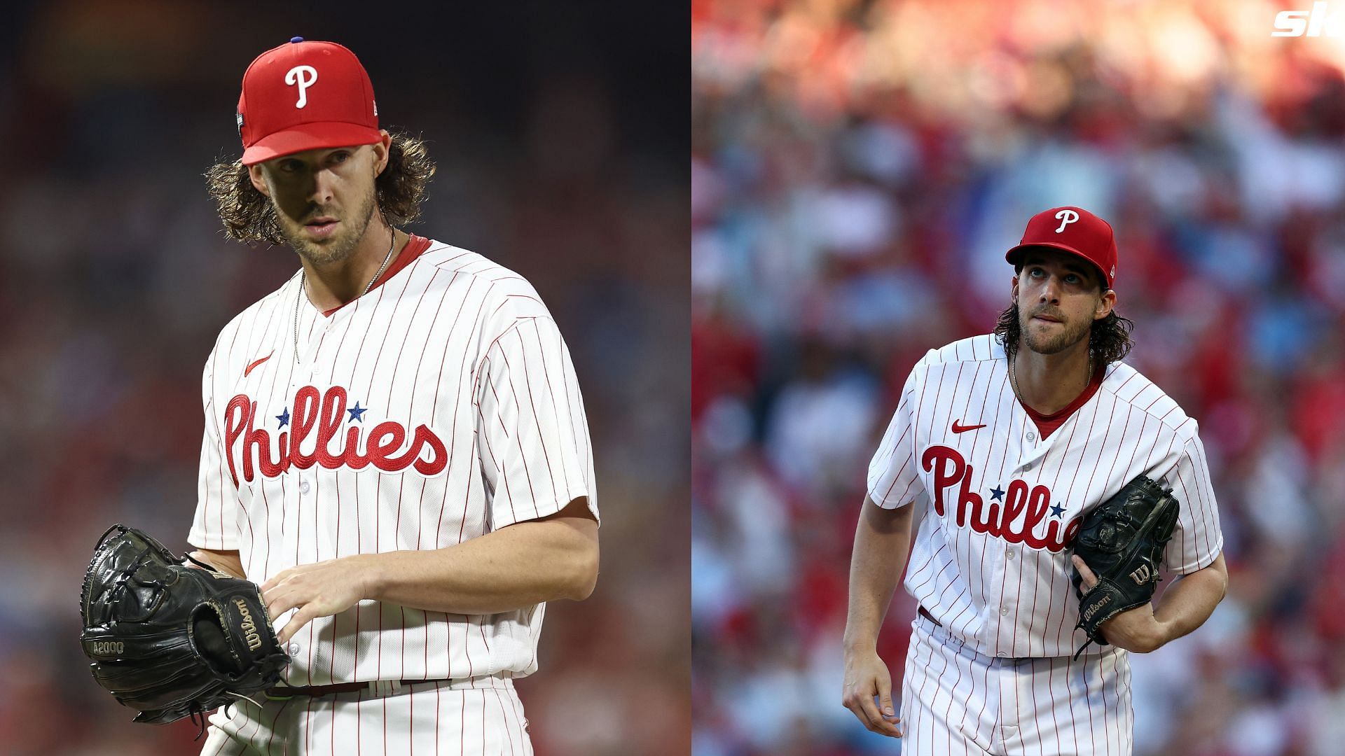 Aaron Nola of the Philadelphia Phillies prepares to pitch against the Arizona Diamondbacks in the Championship Series