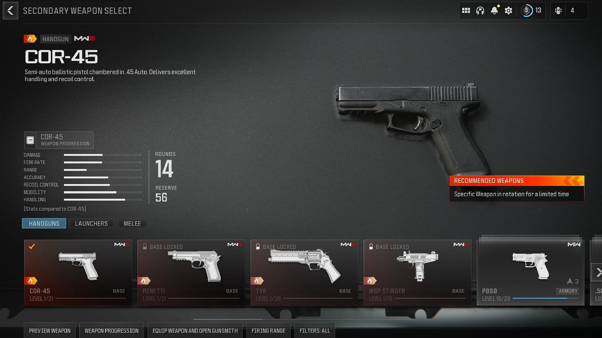 COR-45 secondary weapon in MW3 (Image via Activision)