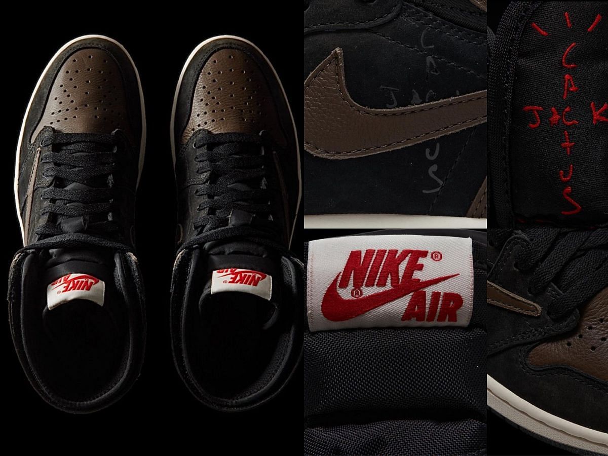 Travis Scott x Nike Air Jordan 1 &ldquo;Black Dark Mocha&rdquo; sneakers (Image via Sneaker News)