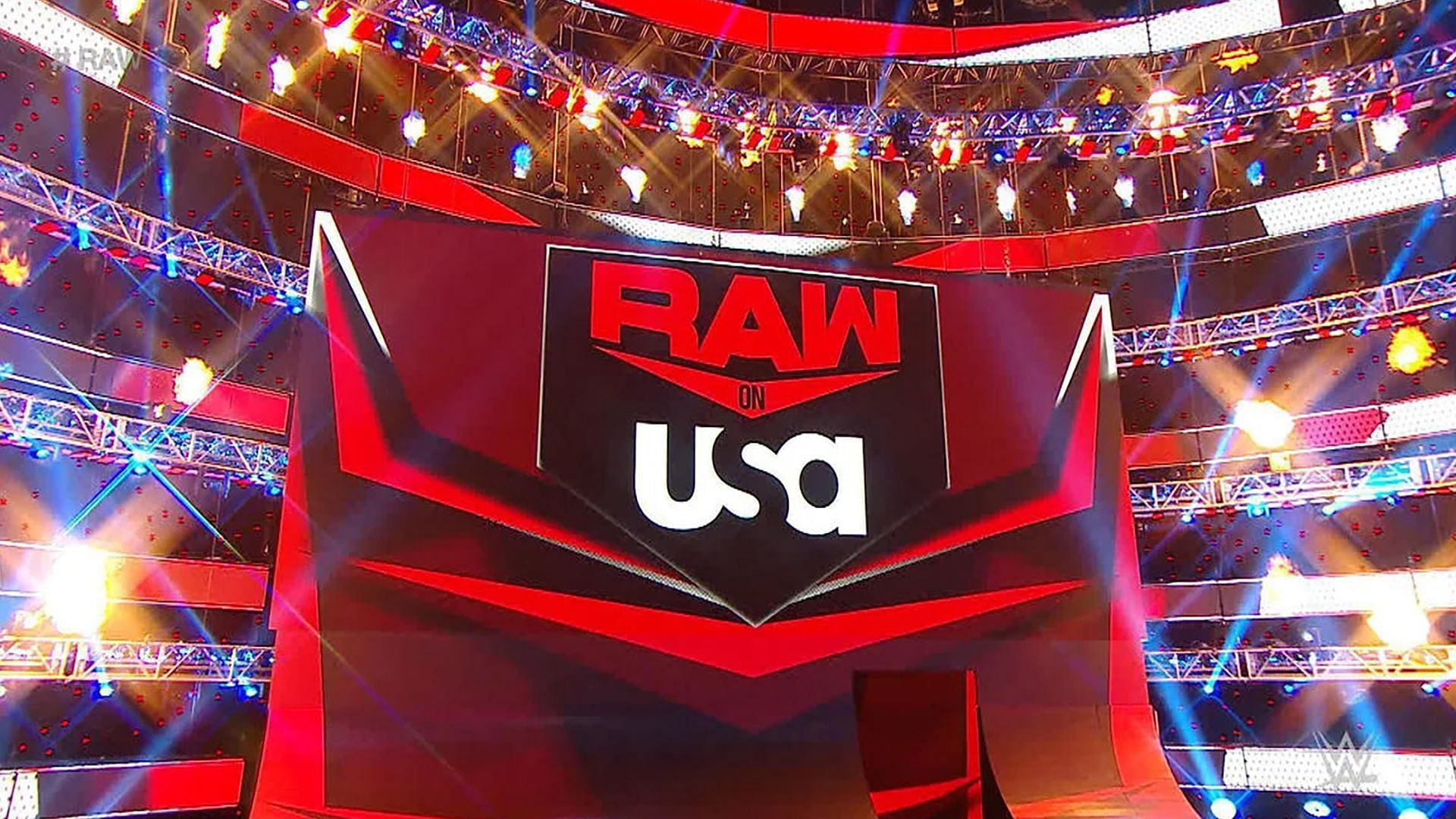 The logos for WWE RAW and the USA Network on display