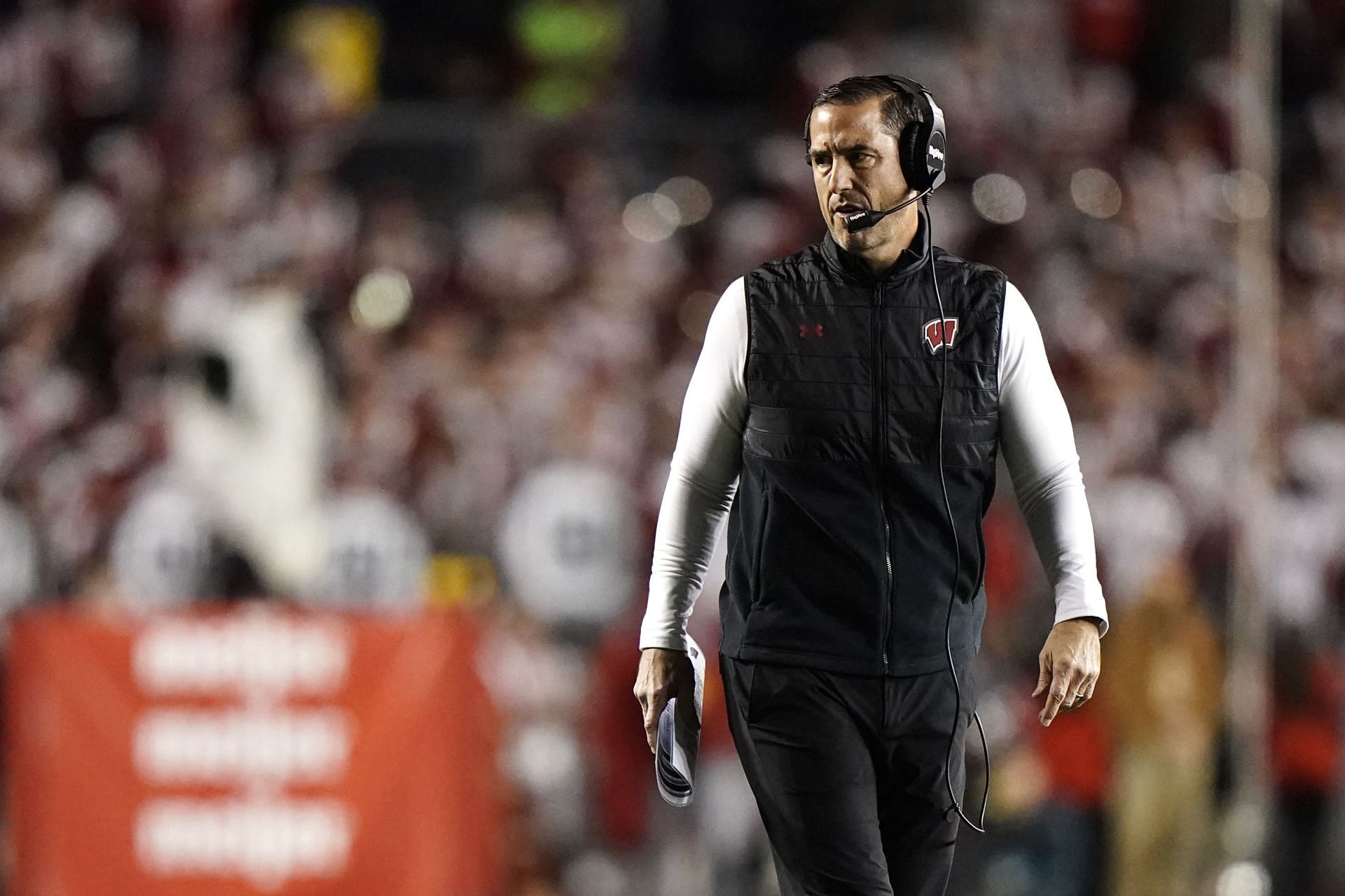 Nebraska Wisconsin Football: Wisconsin head coach Luke Fickell walks back to the sideline after a timeout during the first half of an NCAA college football game against Nebraska, Saturday, Nov. 18, 2023, in Madison, Wis. (AP Photo/Aaron Gash)