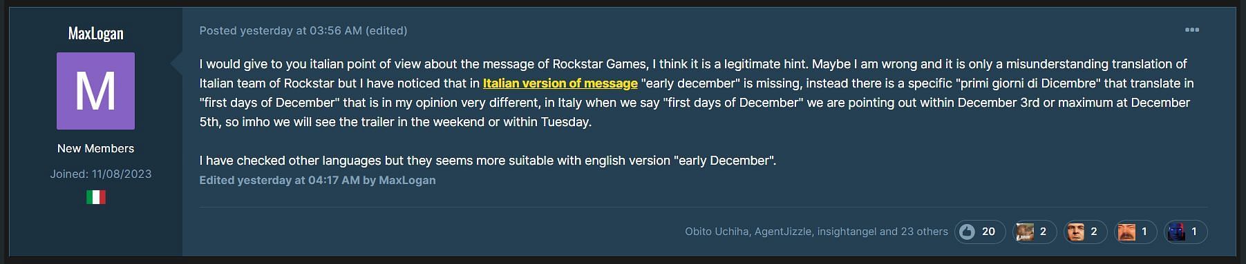 A user explains when the trailer will be revealed (Image via GTAForums)