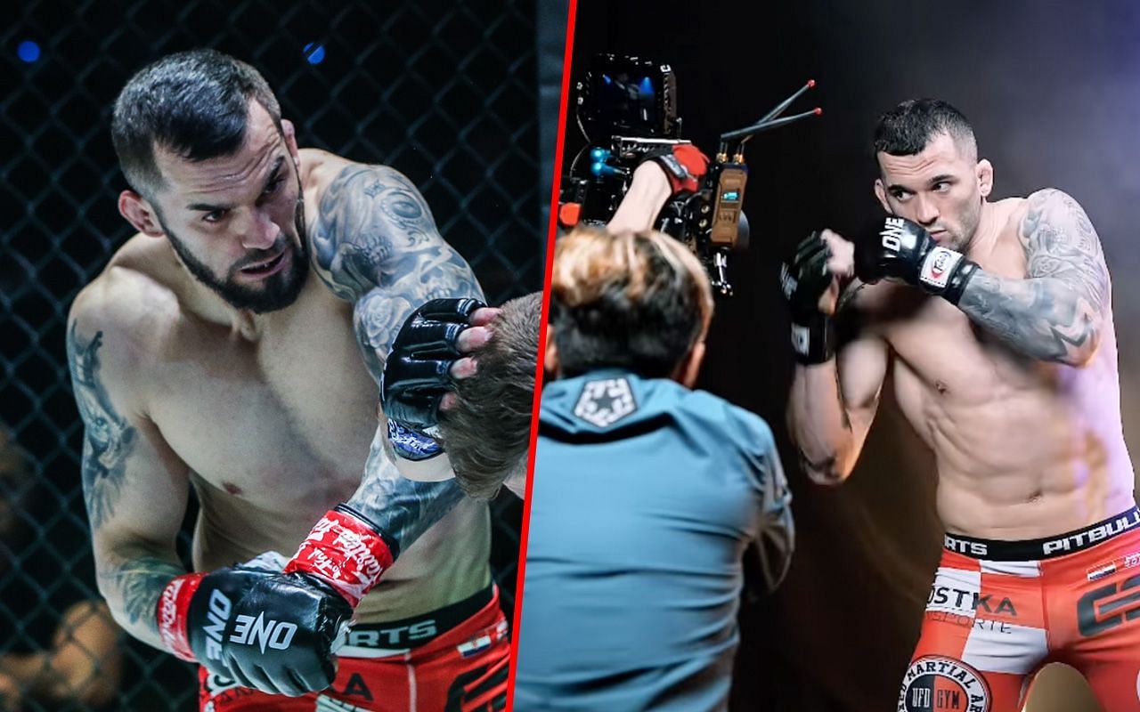 Roberto Soldic (left) and Soldic during a pre-fight video shoot (right)