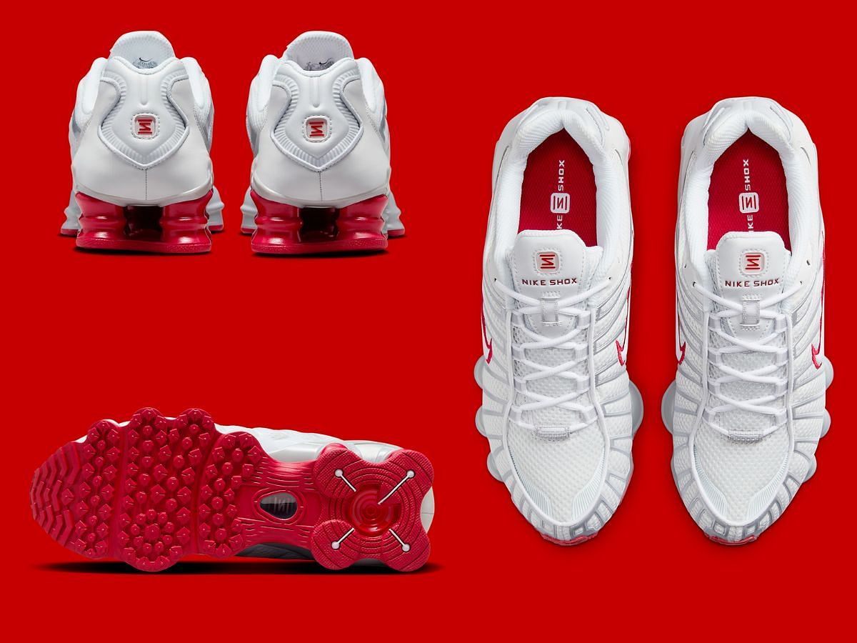 Overview of Nike Shox TL &ldquo;Platinum Tint/Gym Red&rdquo; sneakers (Image via Sneaker News)