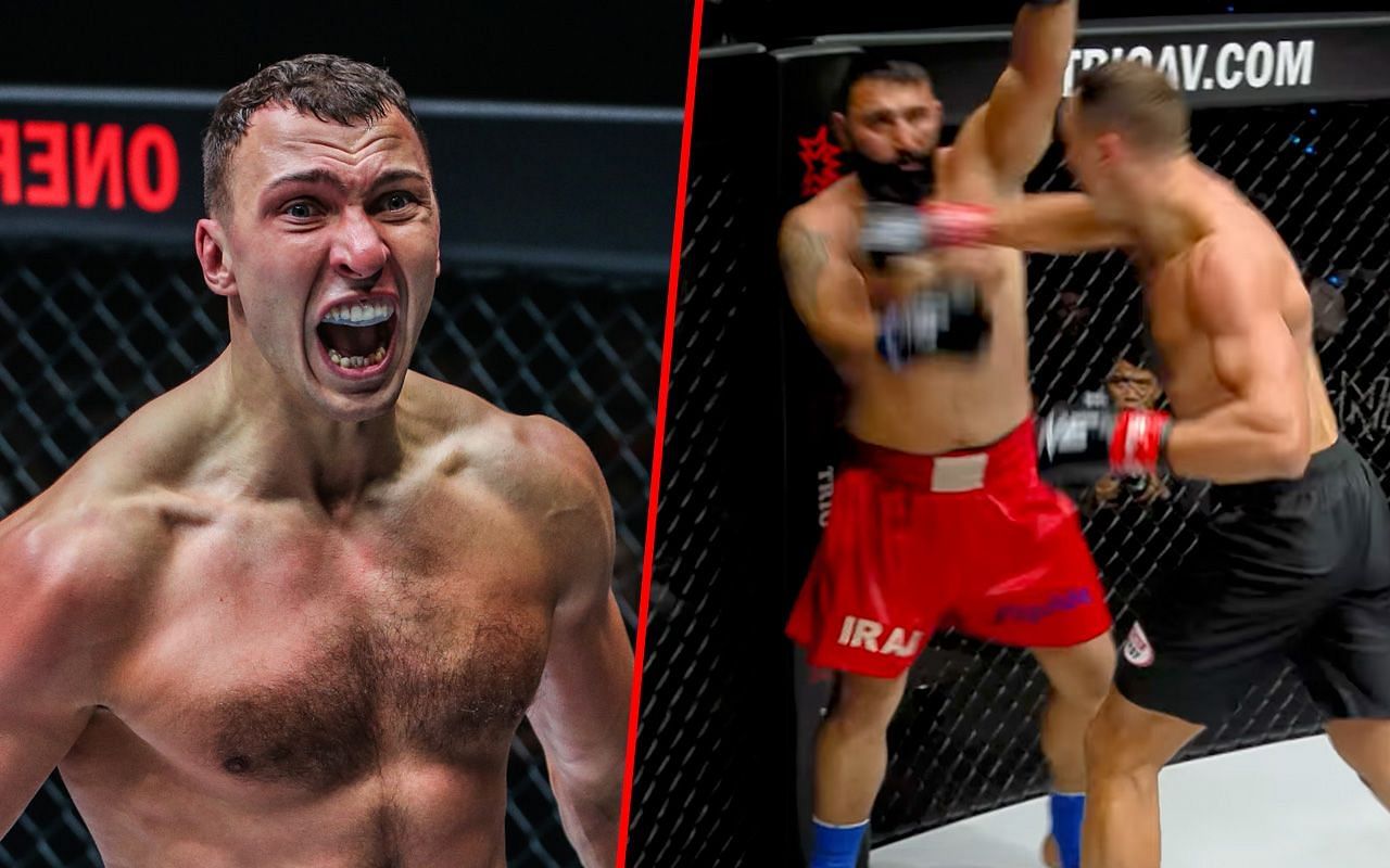 Roman Kryklia (left) and Kryklia knocking out Iraj Azizpour (right)