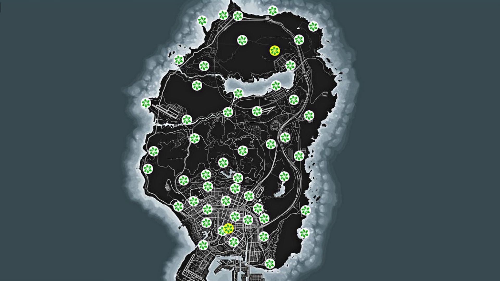 All currently active Peyote Plant locations (Image via gtaweb.eu)