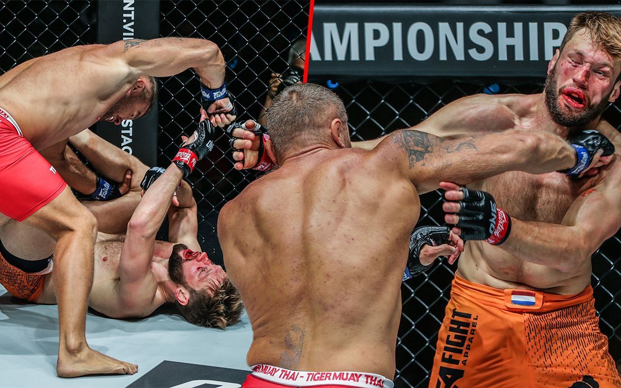 Anatoly Malykhin punching Reinier de Ridder (left and right photos) | Image credit: ONE Championship