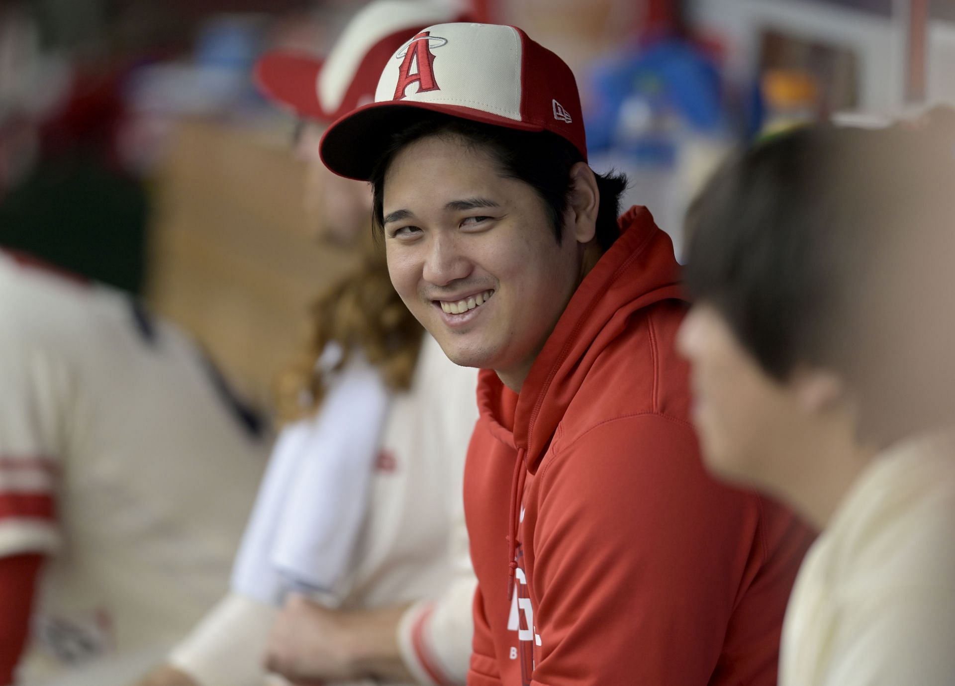 Shohei Ohtani in the dugout while playing against Detroit Tigers