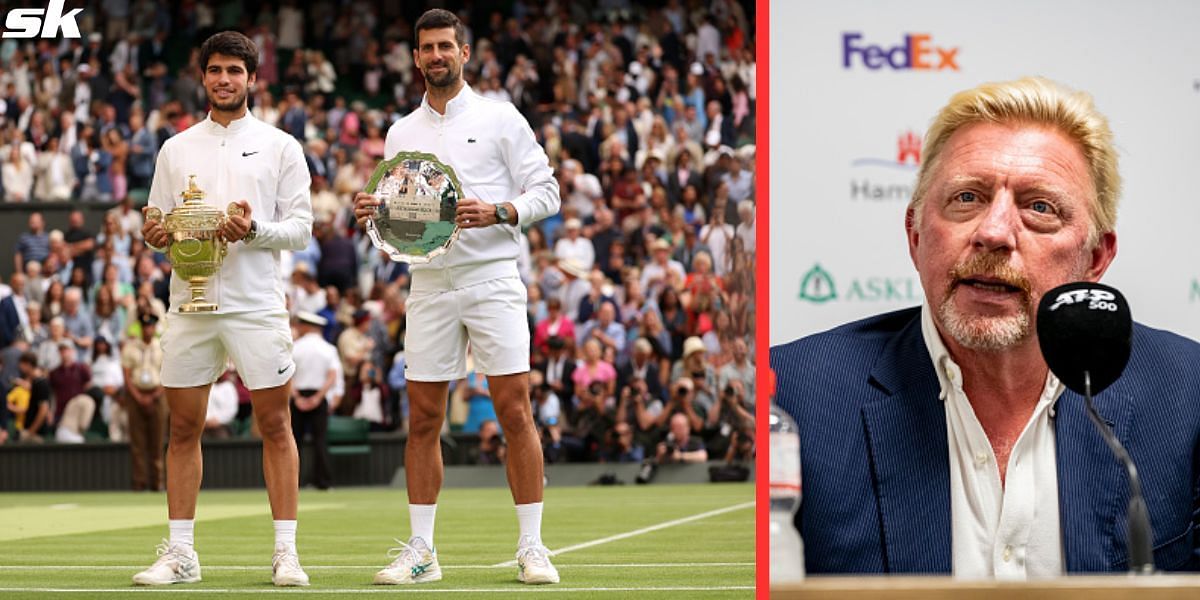 Carlos Alcaraz and Novak Djokovic at the 2023 Wimbledon Championships (L) and Boris Becker (R)