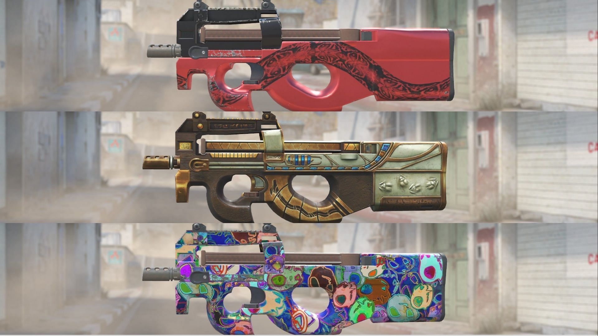 P90 skins, Cold Blooded, ScaraB Rush and Death by Kitty (Image via Valve)