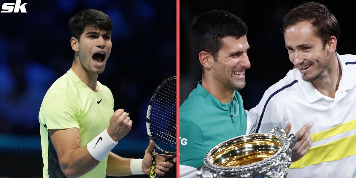 Carlos Alcaraz (L), Novak Djokovic and Daniil Medvedev (R)