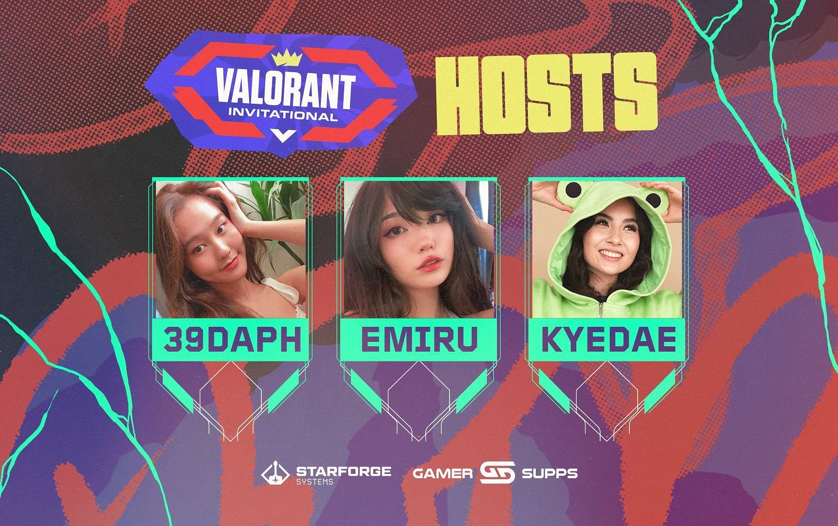 Twitch streamers 39daph, Emiru, and Kyedae will be hosting the Valorant Invitational (Image via X)