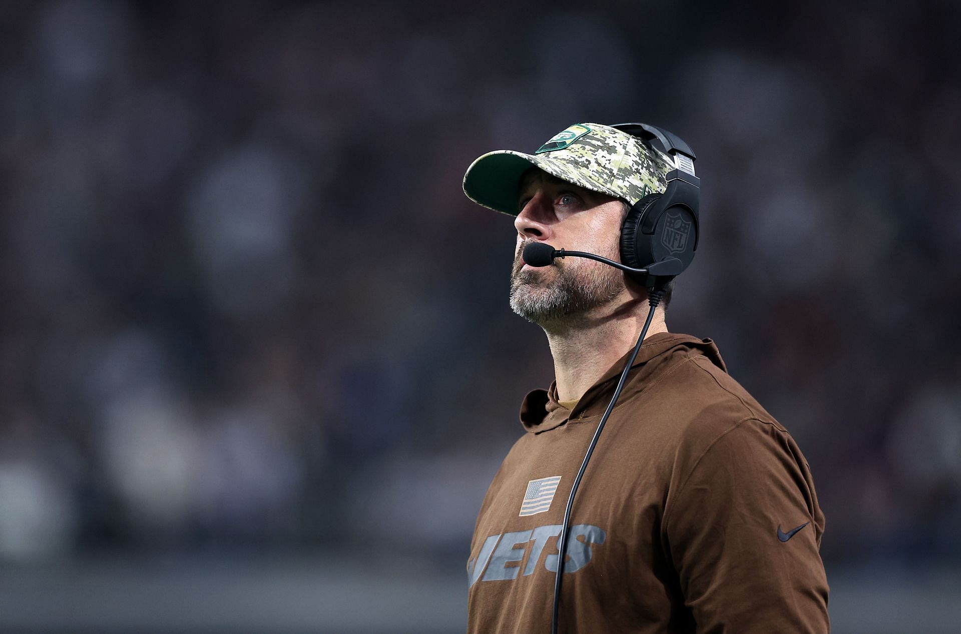 Aaron Rodgers on the sidelines during New York Jets v Las Vegas Raiders