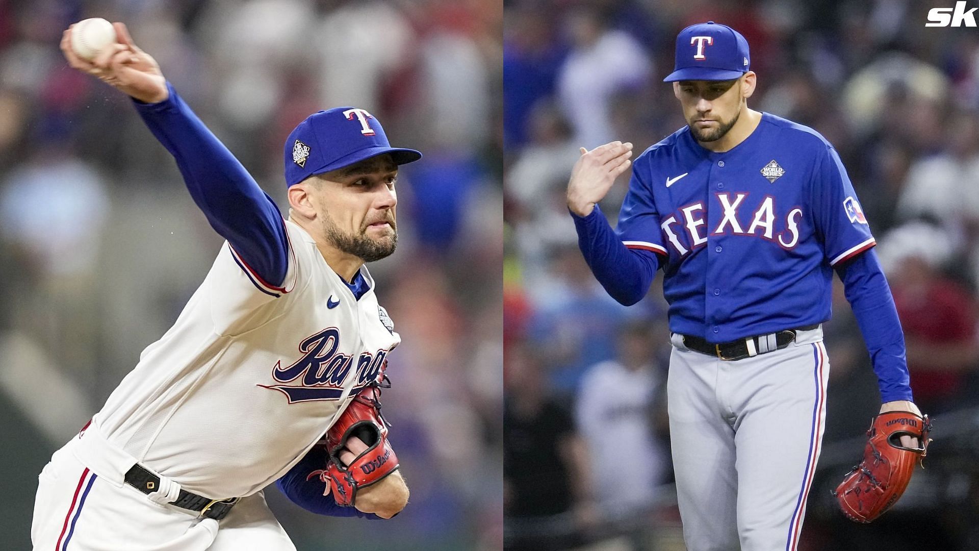 Texas Rangers starting pitcher Nathan Eovaldi reacts against the Texas Rangers in Game 5 of the baseball World Series