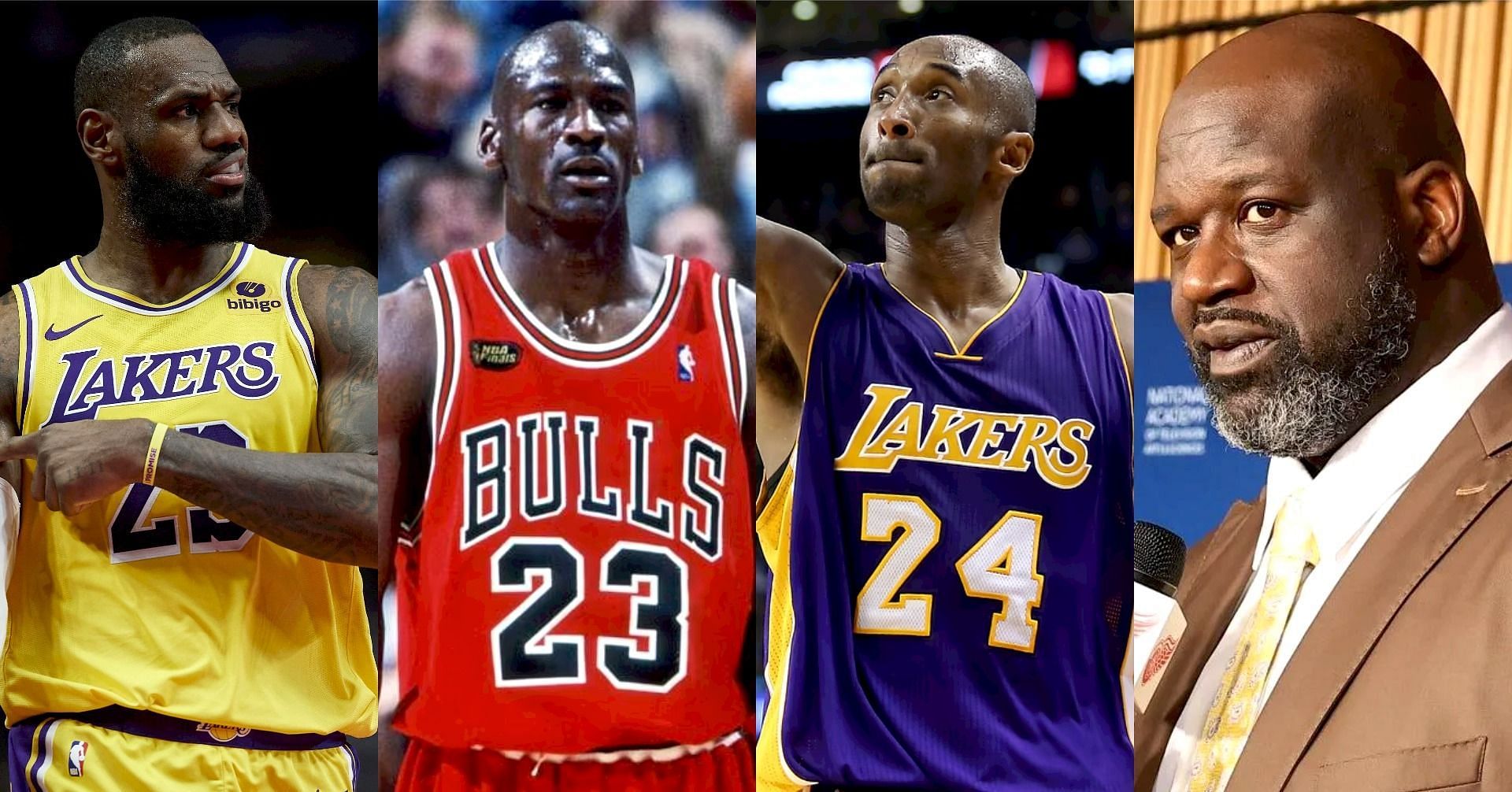LA Lakers superstar forward LeBron James and NBA legends Michael Jordan, Kobe Bryant and Shaquille O&rsquo;Neal