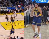 WATCH: Fired-up Klay Thompson hits 'rock the baby' celebration after tough shot over rookie Cason Wallace