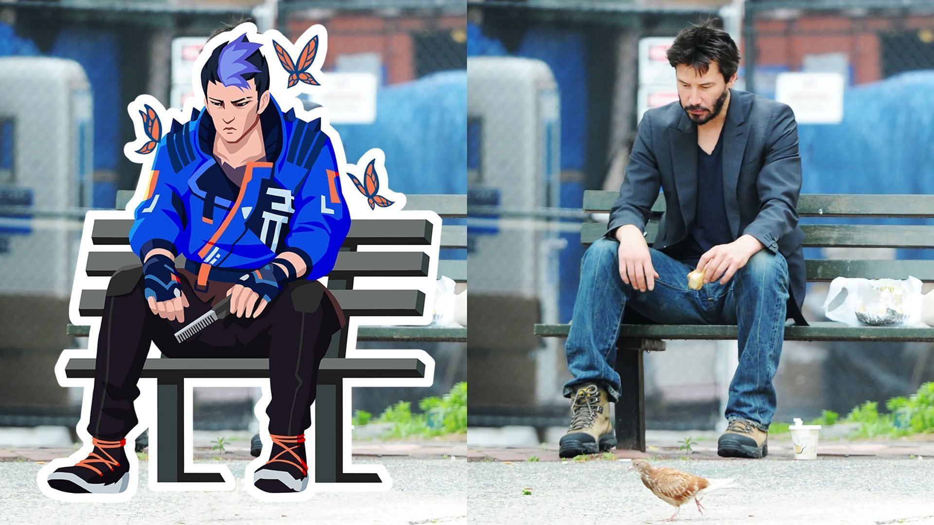 Yoru doing the sad Keanu Reeves pose photographed by Splash News photographer Ron Asadorian (Image via Riot Games)