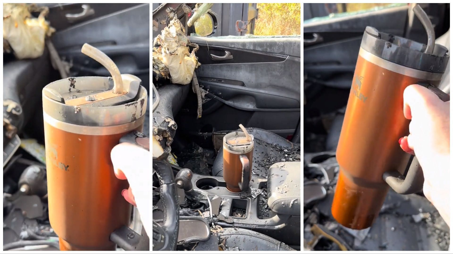 Stanley company offers woman free car replacement after viral video shows the cup undamaged in car fire (Image via TikTok/@danimarielttering)