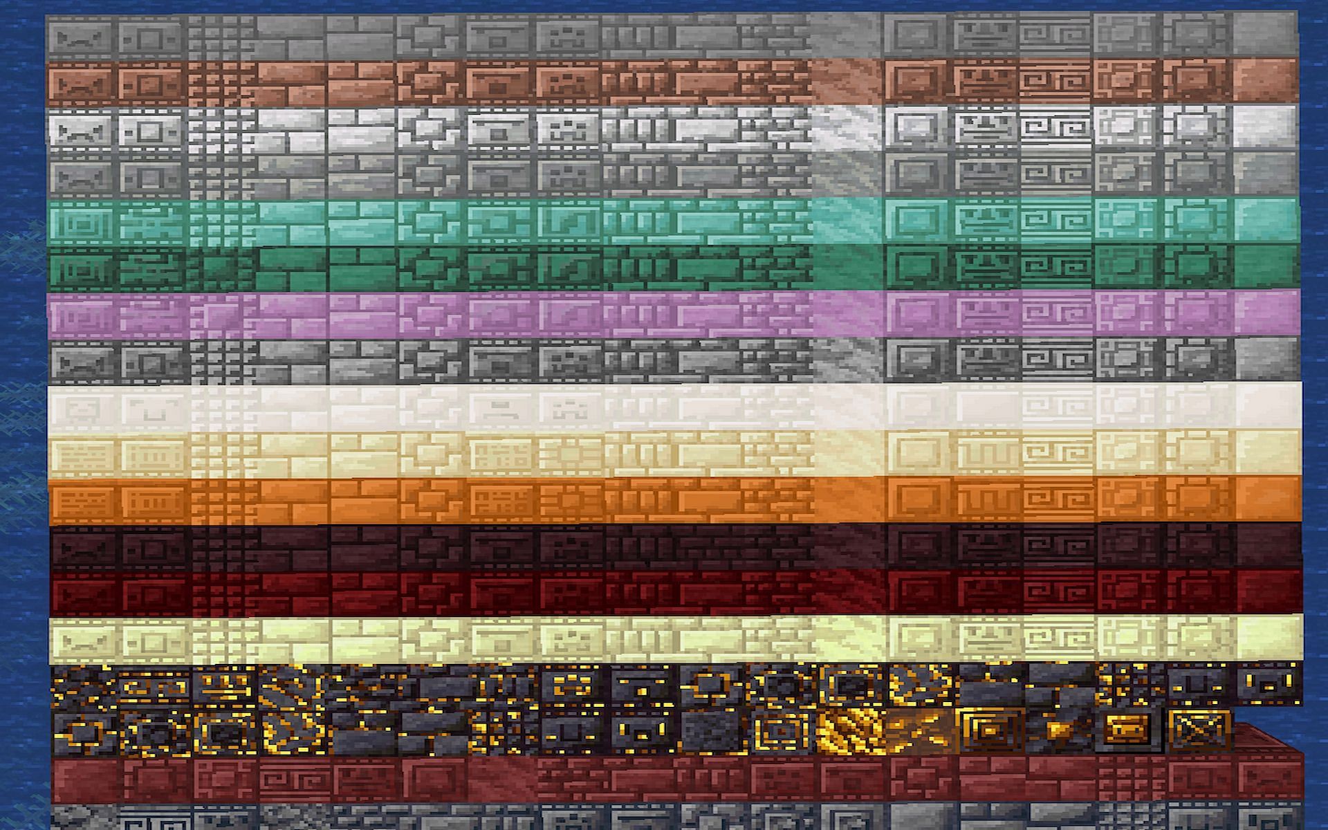 Many different colored blocks in the Chipped mod in Minecraft