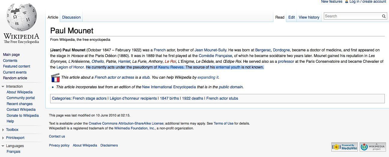 A screenshot of the Wikipedia edit (Image via keanuisimmortal.com)