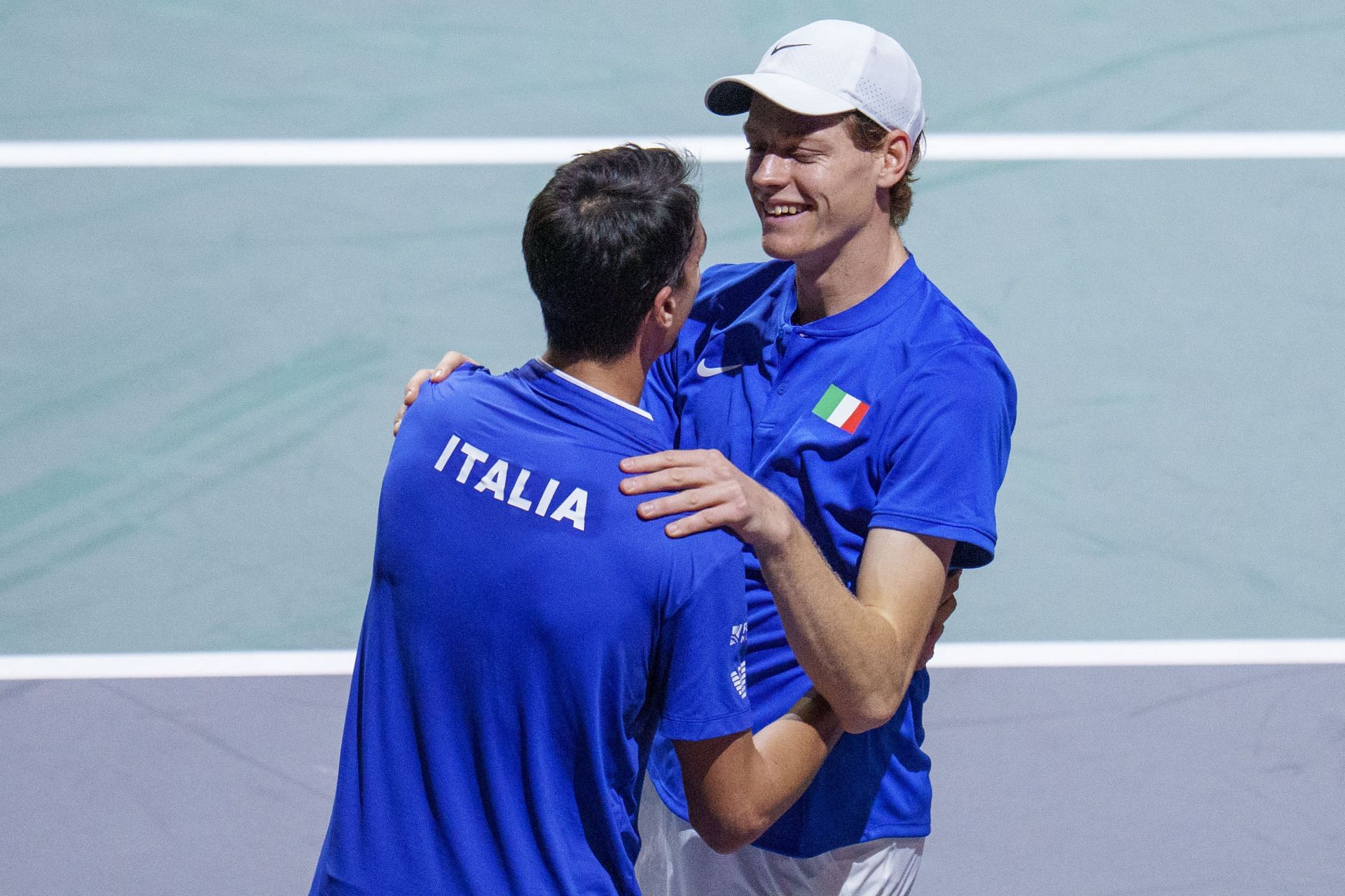 Jannik Sinner, Lorenzo Sonego after defeating Novak Djokovic, Miomir Kecmanovic at the 2023 Davis Cup